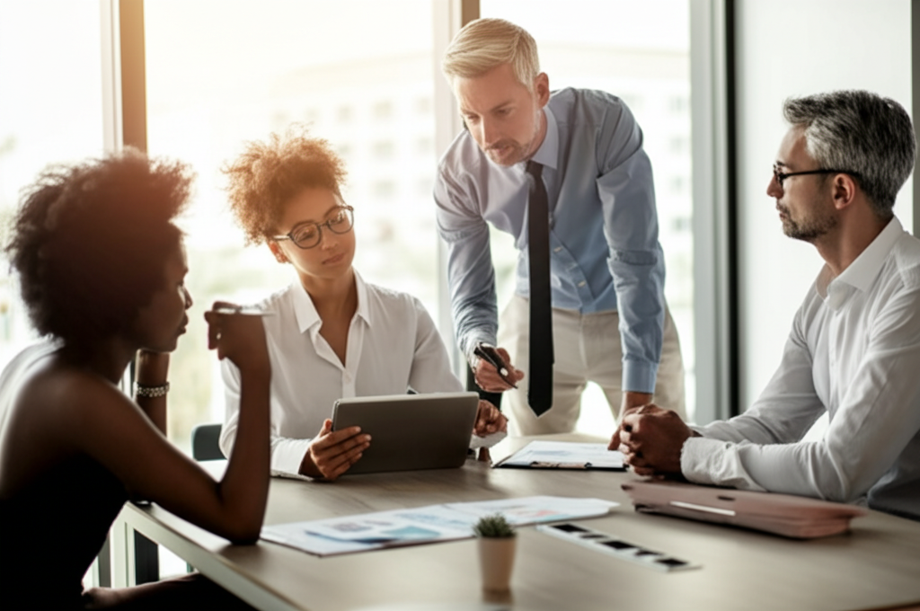 Team members collaborating in a modern office environment